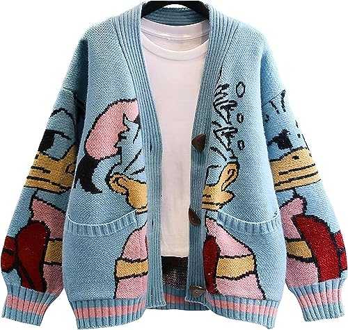 Lazutom Womens Fall Cute Embroidery Cartoon Duck Cable Knit Cardigans Sweater Button Down Slouchy Wool Blend Coat