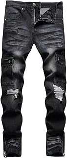 HENGAO Men's Moto Biker Slim fit Stretch Jeans with Side Pockets
