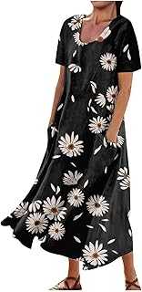 Long Vintage Spring Wedding Tunic Dress Woman Short Sleeved Lightweight Polyeste with Pockets Evening Dresses Woman