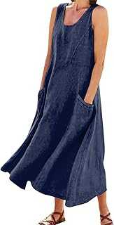 Women's Casual Cotton Linen Dresses Flowy Maxi Summer Sleeveless Solid Colour Loose Plus Size Sun Dress with Pockets