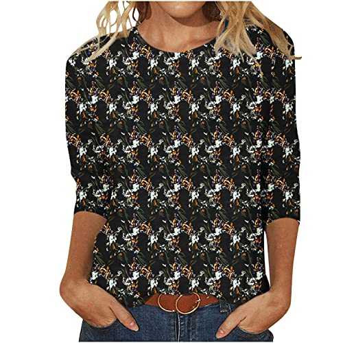 Womens 3/4 Length Sleeve Tops UK Sale Clearance Casual Crewneck Floral Print Cute Tee Shirts Trendy Lightweight Loose Comfy Blouses Graphic Tunic Tees