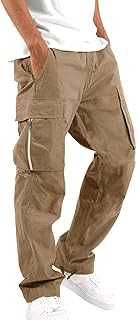 Cargo Stretch Trousers for Men - Work Trouserss with Zipper Pockets Loose Fit Tracksuit Bottoms Lightweight Combat Trousers Elasticated Waist Drawstring Pants Regular Fit Drawstring Trousers