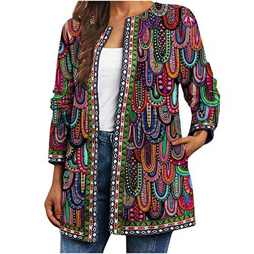AMhomely Women's Ethnic Jacket O-Neck Full Sleeve Cardigan Vintage Print Lightweight Coat,Halloween Christmas Party Elegant Women Coats Winter Clearance Long Coat Ladies Girls Hooded Warm Jacket UK