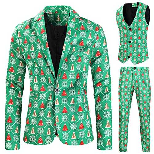 Men Suits Slim Fit 3 Piece Men's Fashion Casual Shawl Lapel One Button Christmas Printed Suit Vest Pants Suit Set Winter Fabric Slim Fit Premium Dinner Jacket & Vest & Pants Set Clearance