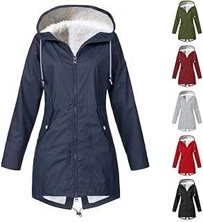 Waterproof Jacket Women's Fleece Outdoor Rain Coats Zip Windproof Long Jackets Hooded Plus Size Rainoat Ladies Fur Lined Winter Warm Coat Windbreaker with Pockets Plus Size S-5XL