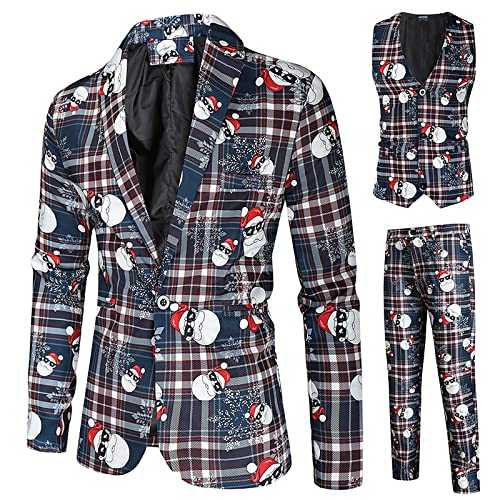 Men's 3 Pieces Set Blazer Waistcoat Cute Pattern Print Suit Jacket Single Breasted Suit Set Slim Fit Performance Suit Men's Christmas Tops & Trousers Blazer Set Tuxedo Suit