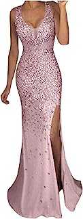 Women's V Neck Floor Length Long Dress Sleeveless Thigh High Slit Sequin Mermaid Bridesmaid Evening Prom Dresses