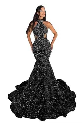 Mermaid Prom Dresses Long Ball Gown Halter Sequin Sparkly Beaded Sexy Sheer Formal Dresses Evening Gowns with Train 2024
