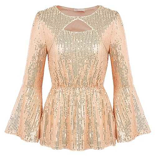 Belle Poque Women Glitter Peplum Blouse Long Sleeve Sequin Blouse Sparkle T Shirt Round Neck Glitter Blouses Sequin Tops for Party BP0774A23