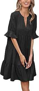 Famulily Womens Summer Dresses Casual V Neck Puff Sleeve Solid Loose Fit Swing Shirt Dress with Pockets