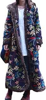 LZJN Women's Warm Long Overcoat Hooded Winter Quilted Parka Outwear with Faux Fur Collar Jackets (Blue with Leaves and Flowers)