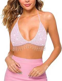 Tynora Women's Sparkly Rhinestone Fringe Crop Top Sexy Halter V Neck Tassel Camisole Tank Clubwear