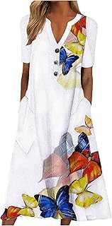 Summer Dresses for Women UK Clearance Causal V-Neck Button Short Sleeve Vacation with Pockets Dress UK Ladies Printing Frock Party Elegant Beach Attire Club Cocktail Work Outfit