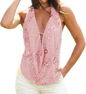 Women Sequin Beaded Halter Cami Top Low Cut Cowl Neck Sleeveless Sparkly Tank Top Y2k Backless Glitter Party Tops