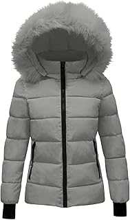 Women's Coats Sale, Ladies Winter Coat with Fur Hood Plain Quilted Puffer Jacket Hooded Parka Coat Warm Coat Thermal Outerwear Outdoor Down Coats Padded Jackets Thicken Overcoat Womens Coats Size 16