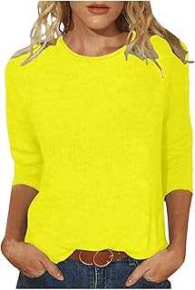 Keepink T Shirts for Women UK 3/4 Length Sleeve Tops Solid Pullover Crew Neck Casual Tunics T-Shirt Summer Dressy Blouses Classic Work Office Top Loose Athletic Fit Tee Shirts Sale