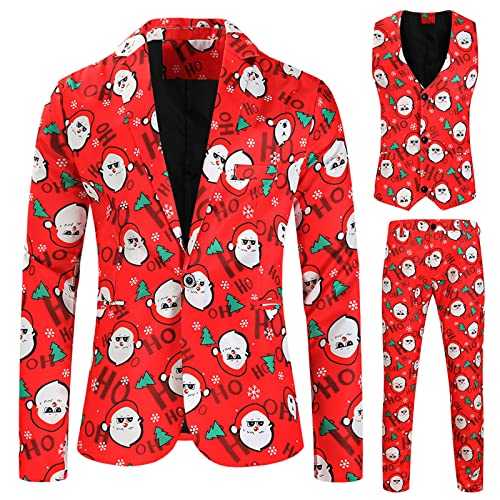 NHNKB Christmas Suit Men's Slim Fit 3-Piece Men's Fashion Leisure Suit Printed Christmas Jacket Trousers Vest Set of Three Men's Suits & Sets Body Fit Suit Men's Elegant