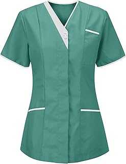 Medical Uniforms & Scrubs V Neck Pockt Short Sleeve Solid Healthcare Nurses Uniform Loose Tunic Hospital Ladies Tops Medical Workwear T Shirts for Women UK Clinic Thin SLIN Ladies Blouses