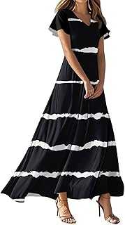 HKUOPW Casual Summer Dresses for Women V Neck Elegant Short Sleeve Maxi Dress Floral High Waist Summer Dresses for Women 2025