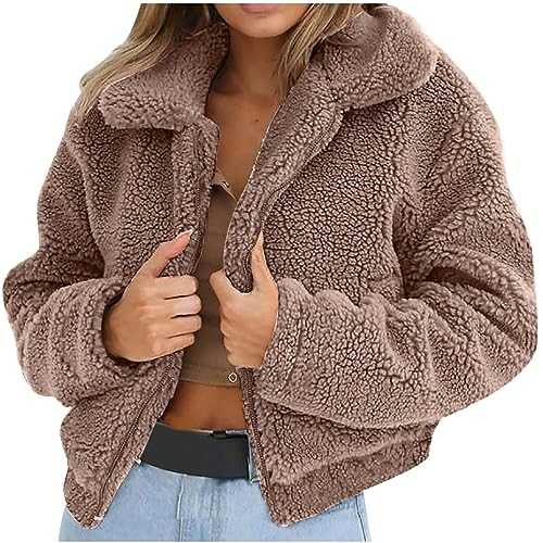 Women's Faux Fur Sherpa Jacket Zip Up Fuzzy Fluffy Coat Cropped Jacket Winter Lapel Fleece Outwear Pockets Dressy Fall Outfits Short Coats Y2K Teddy Shaggy Overcoat Ladies Sexy Plush Soft Outwear