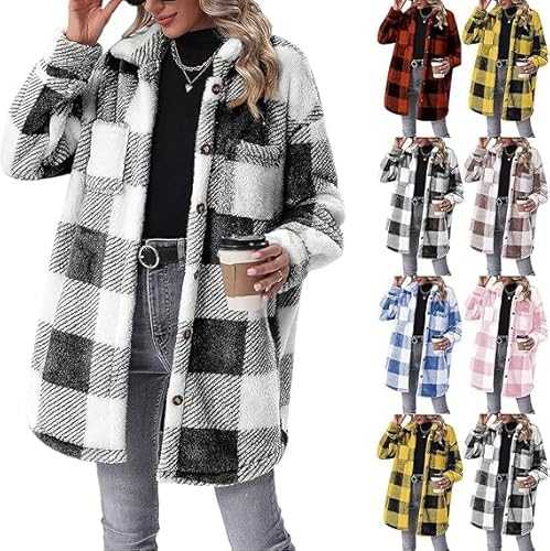 FNKDOR Women Plaid Jacket Casual Flannel Plaid Shacket Long Sleeve Lapel Button Ladies Winter Spring Mid Long Fleece Jackets Windproof Trench Coat Sweater Jacket With Pockets