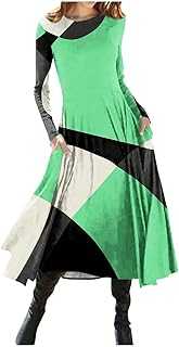 SCBFDI Long Sleeve Spring Work Tunic Dress for Women Coktail A Line Dress Crew Neck Geometric