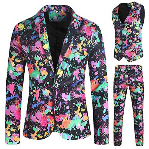 Generisch Men's Fashion Casual Printed Slim Fit Straight Leg Suit Trousers Colourful Print Trouser Suit Temperament Slim Long Sleeves Top Coat Vest Trousers Set Three Pieces Men's Suit