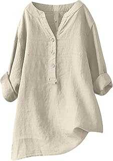 Summer Tops for Women UK Casual Cotton Linen Shirts Roll Up Sleeve Button V Neck Blouses Oversized Loose Tee Shirts Baggy Ladies Lagenlook Top Long Tops to Wear with Leggings UK Size