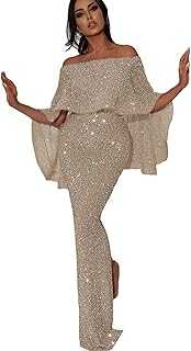 AMhomely Womens Sequin Mermaid Evening Gowns Cold Shoulder Bodycon Maxi Long Sheath Dress, Multicolour, XXL