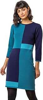 Roman Originals Knitted Jumper Dress for Women UK - Ladies Colour Block Winter Autumn Smart Casual Office Bodycon Workwear Everyday Long Sleeve Knee Length Knit Pocket