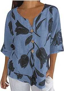 Loose Tops for Women UK Short Sleeve Button Up Linen Tshirt Floral Printed Ladies Shirts Summer Oversized Pullover Tunic Slim Summer Blouses Casual T Shirts for Women UK Clearance Summer Clothes