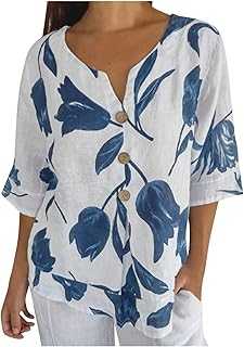 Womens Long Sleeve T Shirts Womens Tops Size 18 Short Sleeve Button Up Linen Tshirt Floral Printed Womens Vests Women's Blouses & Shirts Womens Work Tops Summer Oversized Pullover Tunic Slim