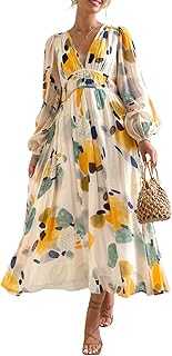 Women's Boho Floral Midi Dress V Neck Smocked Beach Flowy Dress Puff Sleeve Chiffon Swing Long Dress Beach Tiered Sundress