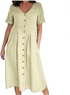 Womens Casual V-Neck Cotton Linen Dress, Solid Short Sleeve Button up Dresses, Plus Size Baggy Pocket Midi Dress