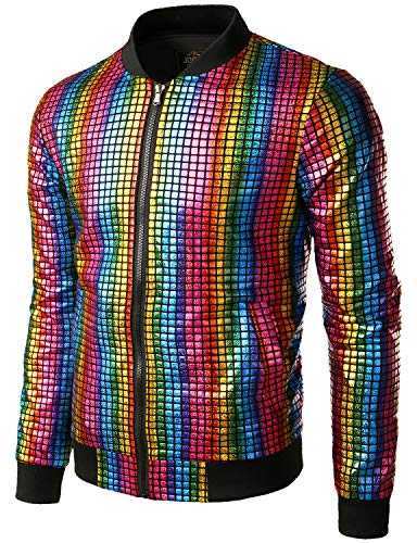 JOGAL Men's Metallic Sequins Gold Bomber Jacket 70s Disco Party Costume