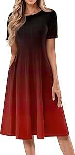 Women's Casual Gradient Short Sleeve Midi Dress with Pockets Summer A-Line Dress for Daily Wear