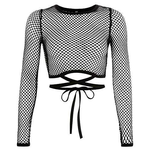 XGOPTS Women Fishnet Tops - Sexy Slim Fit Long Sleeve Mesh Sheer Shirt - See Through Transparent Blouse T-Shirt - Crop Casual Clubwear…
