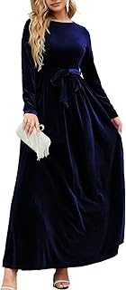Womens Cocktail Velvet Belted Pleated Crewneck Long Sleeve Party Elegant A-Line Maxi Dress with Pockets