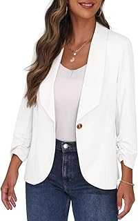 PrinStory Blazer for Women Lapel Collar 3/4 Ruched Sleeves Suit Jacket One Button Cardigan Cropped Blazer Office Casual Wear