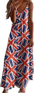 Union Jack Dresses for Women Long Maxi 90s Fancy Dress Costumes Casual Sleeveless British Flag Dress Union Jack Clothing Coronation Dresses Summer Beach Sundresses