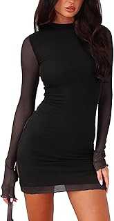 Womens Long Sleeve Mesh Bodycon Mini Dress Elegant Mock Neck Side Split Party Going Out Dress