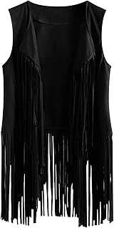 FEOYA Women's Fringe Gilet Sleeveless Tassel Jacket Coat Faux Suede Open Front Cardigans Casual Vintage Hippie Waistcoat Fashion Lapel Loose Vest S-3XL