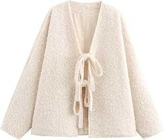Perbai Women's Tie Front Bow Cardigan Jacket Fuzzy Wool Blend Long Sleeve Batwing Oversized Winter Trench Coats
