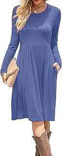 DB Moon Women Casual Long Sleeve Dresses Empire Waist Knee Length Loose Dress with Pockets