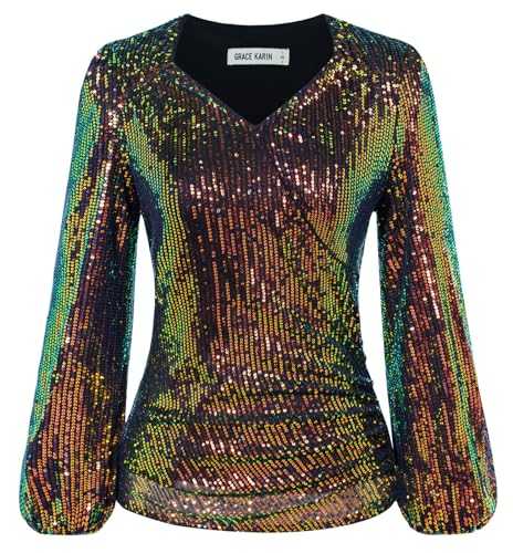 GRACE KARIN Women Sequin V Neck Long Sleeve Blouse Top Sparkle Glitter Cross Pleated Top