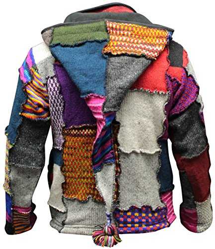 SHOPOHOLIC FASHION Men Tie Dye Patchwork Pixie Hooded Fleece Lined Hippy Boho Festival Woollen Jacket