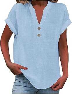 Ladies Tops Cotton Linen Pullover Tunic Blouses Daily Women's Shirts V Neck Button Up Loose Tshirt Solid Color Ladies Blouses Casual Plus Size T Shirts for Women UK Clearance Womens Clothing