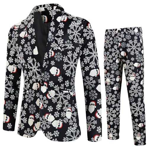 Mens Christmas Suits 2 Piece UK Clearance Reindeer Santa Claus Blazer Suit Snowman Xmas Tree Snowflakes Tuxedo Suits Notched Lapel Blazer Jackets +Trousers Single Breasted Casual Smart Blazer Suit