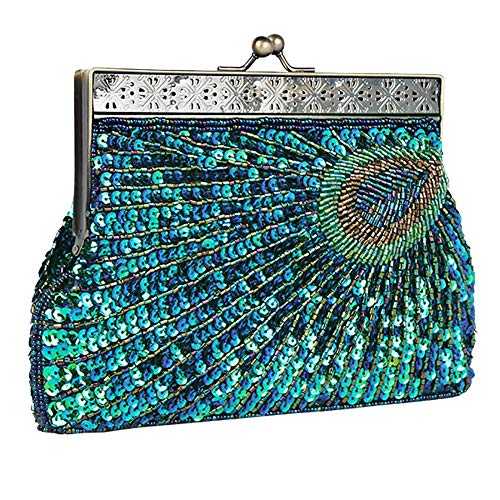 Womens Vintage Sequin Beaded Evening Bag Antique Peacock Evening Wedding Clutch Purse Evening Handbag for Wedding Party Cocktail