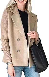 Women's Lapel Button Knitted Patchwork Sleeve Casual Coat, Trendy Double Breasted Pea Coats With Pockets, Winter Blazer Loose Jackets Tops